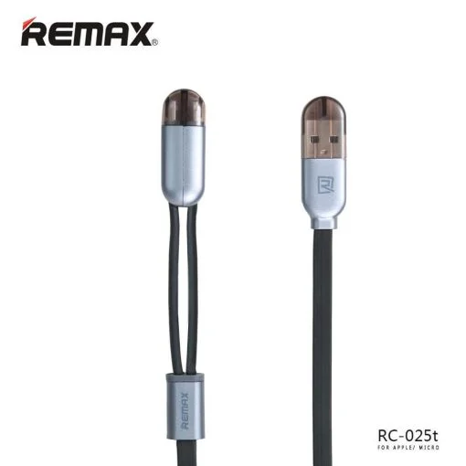 کابل شارژ دوکاره USB به MicroUSB و لایتنینگ ریمکس مدل Rc-025t اورجینال